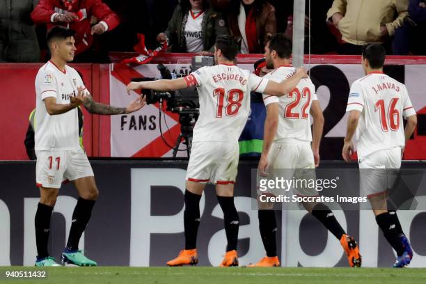 Franco Vazquez of Sevilla FC celebrates 1-0 with Joaquin Correa of Sevilla FC, Sergio Escudero of Sevilla FC, Jesus Navas of Sevilla FC during the La...