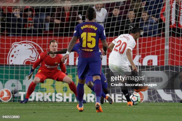 Luis Muriel of Sevilla FC scores the second goal to make it 2-0 during the La Liga Santander match between Sevilla v FC Barcelona at the Estadio...