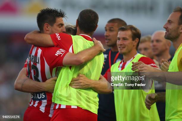 Bernard Fornaroli of Melbourne City celebrates a goal with team mates during the round 25 A-League match between the Newcastle Jets and Melbourne...