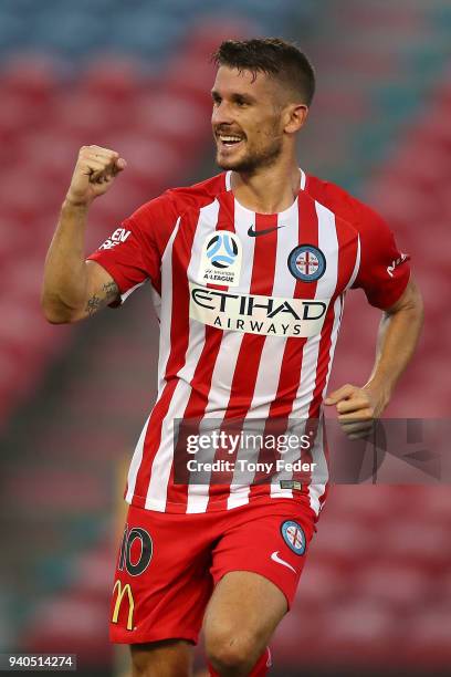 Dario Vidosic of Melbourne City celebrates a goal during the round 25 A-League match between the Newcastle Jets and Melbourne City at McDonald Jones...