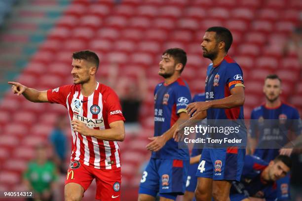 Dario Vidosic of Melbourne City celebrates a goal during the round 25 A-League match between the Newcastle Jets and Melbourne City at McDonald Jones...