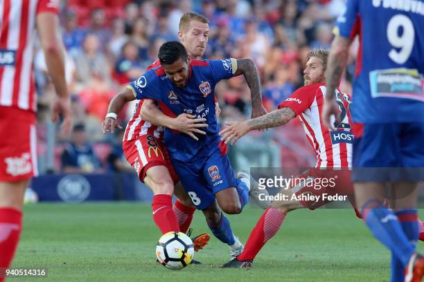 Ronald Vargas of the Jets contests the ball during the round 25 A-League match between the Newcastle Jets and Melbourne City at McDonald Jones...