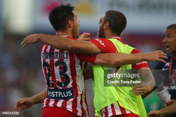 Bernard Fornaroli of Melbourne City celebrates a goal with team mates during the round 25 A-League match between the Newcastle Jets and Melbourne...