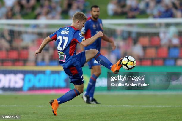 Riley McGree of the Jets in action during the round 25 A-League match between the Newcastle Jets and Melbourne City at McDonald Jones Stadium on...