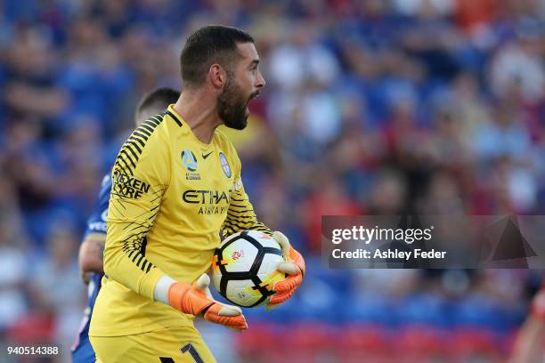 Dean Bouzanis of Melbourne City in action during the round 25 A-League match between the Newcastle Jets and Melbourne City at McDonald Jones Stadium...