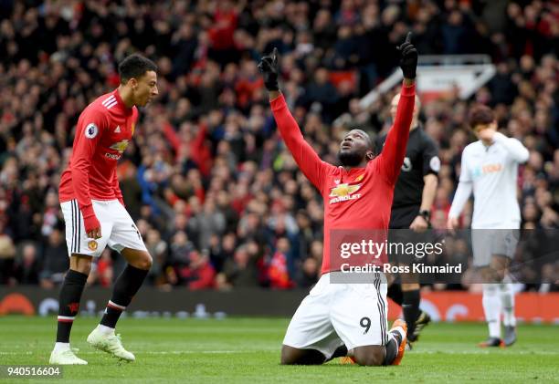 Romelu Lukaku of Manchester United celebrates after he scores the opening goal during the Premier League match between Manchester United and Swansea...
