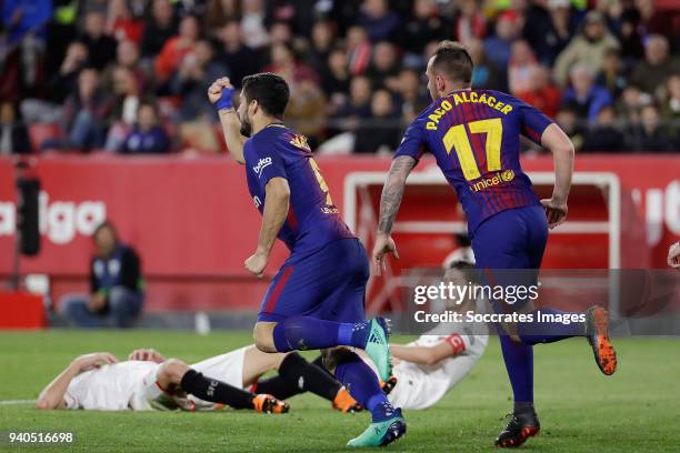 Luis Suarez of FC Barcelona celebrates 2-1, Paco Alcacer of FC Barcelona during the La Liga Santander match between Sevilla v FC Barcelona at the...