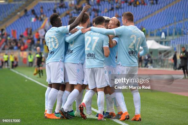 Lucas Leiva of SS Lazio celebrates a fifth goal with his team mates during the serie A match between SS Lazio and Benevento Calcio at Stadio Olimpico...