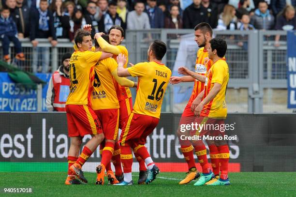 Danilo Cataldi of Benevento Calcio celebrates a frist goal with his team mates during the serie A match between SS Lazio and Benevento Calcio at...