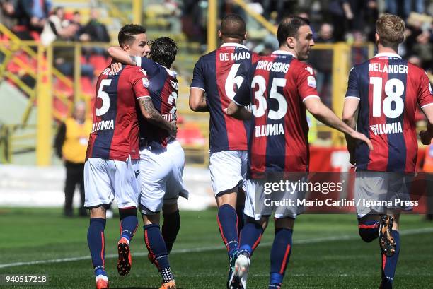 Erik Pulgar of Bologna FC celebrates after scoring the opening goal during the serie A match between Bologna FC and AS Roma at Stadio Renato Dall'Ara...