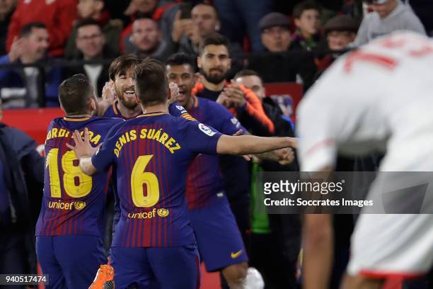 Lionel Messi of FC Barcelona celebrates 2-2 with Jordi Alba of FC Barcelona, Denis Suarez of FC Barcelona during the La Liga Santander match between...