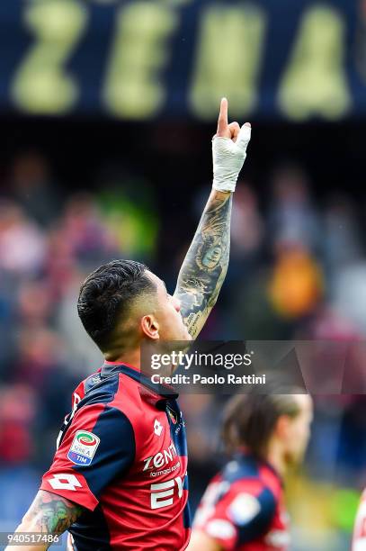 Gianluca Lapadula of Genoa celebrates after scoring a goal on a penalty kick during the serie A match between Genoa CFC and Spal at Stadio Luigi...