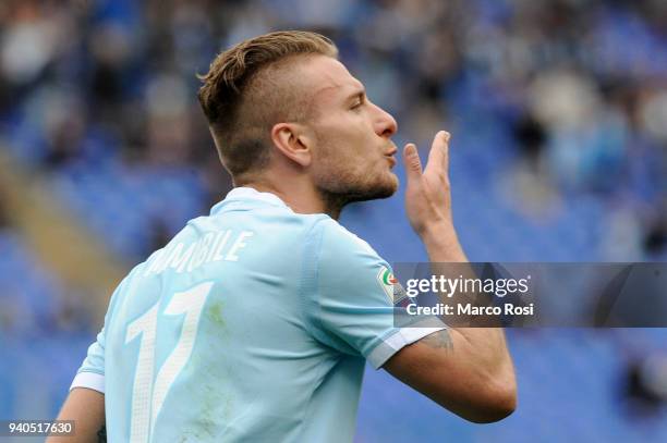 Ciro Immobile of SS Lazio celebrate a fourth goal during the serie A match between SS Lazio and Benevento Calcio at Stadio Olimpico on March 31, 2018...