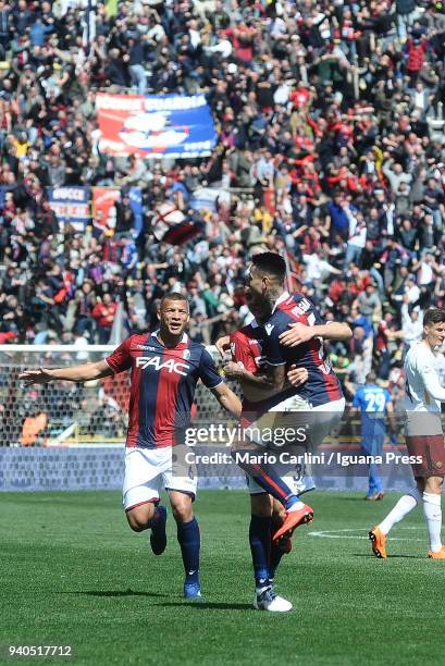 Erik Pulgar of Bologna FC celebrates after scoring the opening goal during the serie A match between Bologna FC and AS Roma at Stadio Renato Dall'Ara...