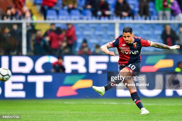 Gianluca Lapadula of Genoa scores a goal on a penalty kick during the serie A match between Genoa CFC and Spal at Stadio Luigi Ferraris on March 31,...