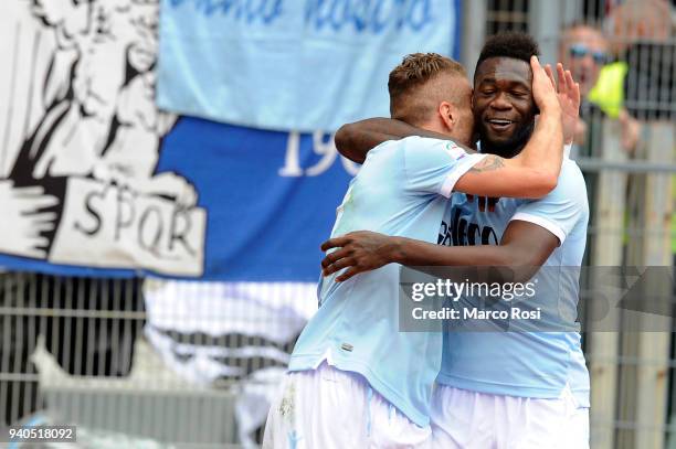 Ciro Immobile of SS Lazio celebrate a fourth goal during the serie A match between SS Lazio and Benevento Calcio at Stadio Olimpico on March 31, 2018...