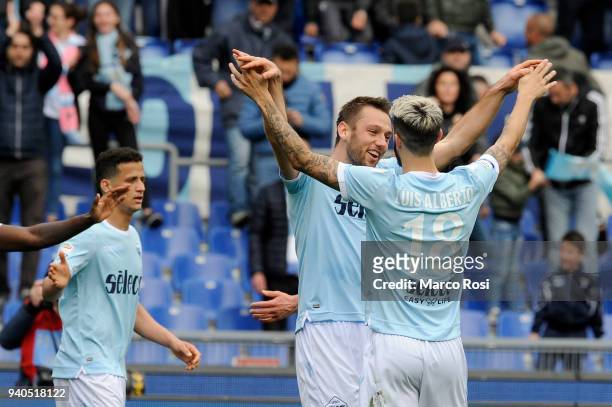 Stefan De Vrij of SS Lazio celebrates a third goal with his team mates during the serie A match between SS Lazio and Benevento Calcio at Stadio...
