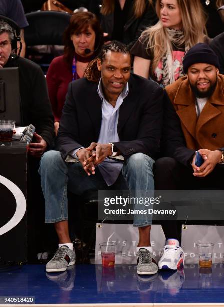Latrell Sprewell attends New York Knicks vs Detroit Pistons game at Madison Square Garden on March 31, 2018 in New York City.