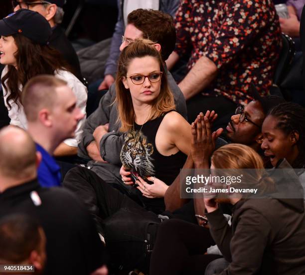 Emily Meade attends New York Knicks vs Detroit Pistons game at Madison Square Garden on March 31, 2018 in New York City.