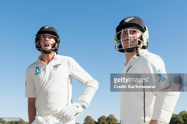Tim Southee and BJ Watling of New Zealand look on before taking the field during day three of the Second Test match between New Zealand and England...