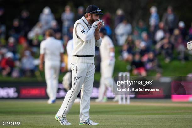 Kane Williamson of New Zealand reacting during day three of the Second Test match between New Zealand and England at Hagley Oval on April 1, 2018 in...