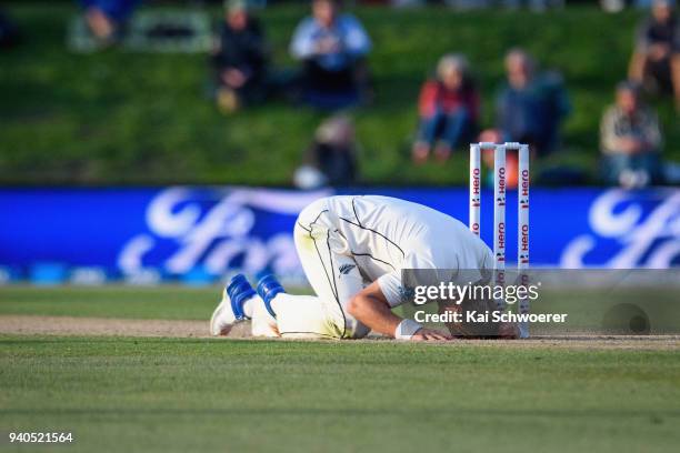 Neil Wagner of New Zealand reacts during day three of the Second Test match between New Zealand and England at Hagley Oval on April 1, 2018 in...