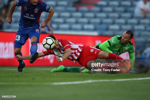 Bernard Fornaroli of Melbourne City contests the ball with Jack Duncan of the Jets during the round 25 A-League match between the Newcastle Jets and...