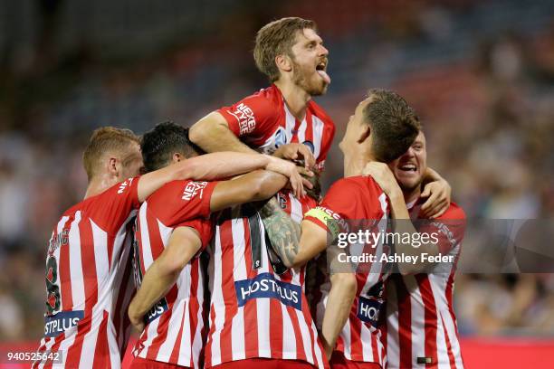 Dario Vidosic of Melbourne City celebrates his goal with team mates during the round 25 A-League match between the Newcastle Jets and Melbourne City...