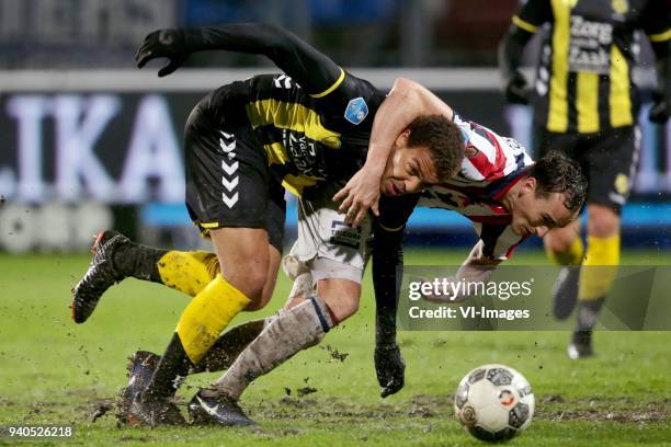 Cyriel Dessers of FC Utrecht, Freek Heerkens of Willem II during the Dutch Eredivisie match between Willem II Tilburg and FC Utrecht at Koning Willem...