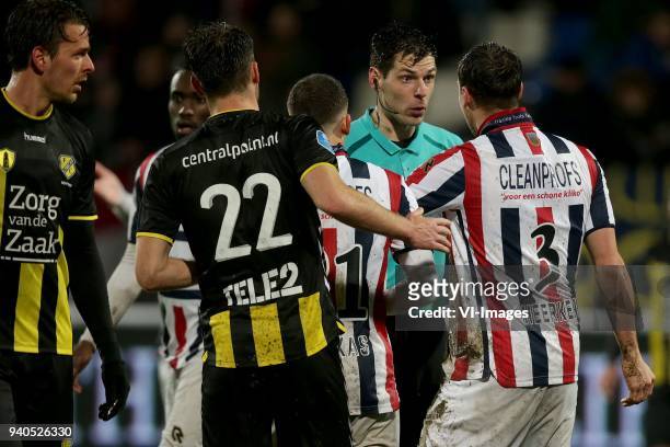 Lukas Gortler of FC Utrecht, Fernando Lewis of Willem II, Sander van der Streek of FC Utrecht, Kostas Tsimikas of Willem II, referee Jochem Kamphuis,...
