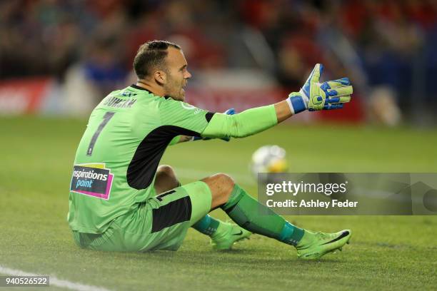 Jack Duncan of the Jets reacts to conceding a goal during the round 25 A-League match between the Newcastle Jets and Melbourne City at McDonald Jones...