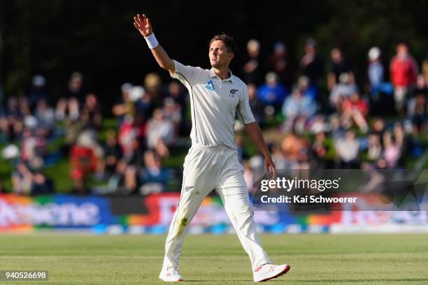 Trent Boult of New Zealand looks on during day three of the Second Test match between New Zealand and England at Hagley Oval on April 1, 2018 in...