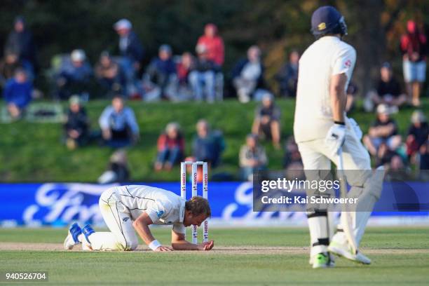 Neil Wagner of New Zealand reacts during day three of the Second Test match between New Zealand and England at Hagley Oval on April 1, 2018 in...