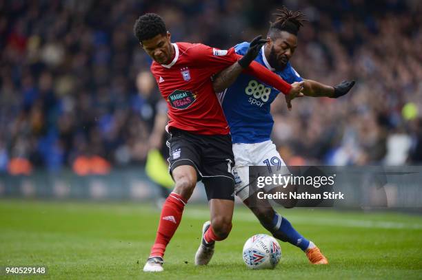 Jacques Maghoma of Birmingham City and Jordan Spence of Ipswich Town in action during the Sky Bet Championship match between Birmingham City and...