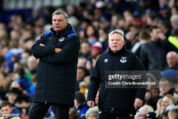 Manager of Everton Sam Allardyce and Assistant Manager of Everton Sammy Lee look on from the sideline during the Premier League match between Everton...