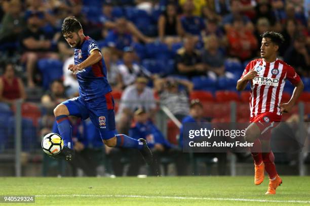 Ivan Vujica of the Jets in action during the round 25 A-League match between the Newcastle Jets and Melbourne City at McDonald Jones Stadium on April...