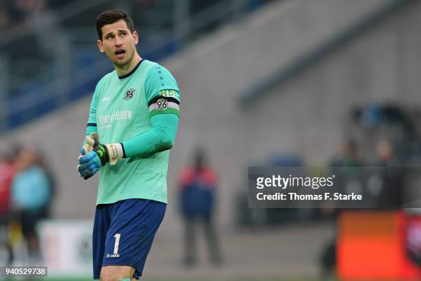 Goalkeeper Philipp Tschauner of Hannover looks dejected during the Bundesliga match between Hannover 96 and RB Leipzig at HDI-Arena on March 31, 2018...