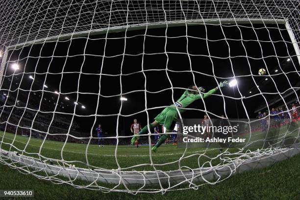 Jack Duncan of the Jets concedes a goal during the round 25 A-League match between the Newcastle Jets and Melbourne City at McDonald Jones Stadium on...