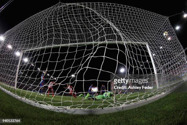 Jack Duncan of the Jets concedes a goal during the round 25 A-League match between the Newcastle Jets and Melbourne City at McDonald Jones Stadium on...