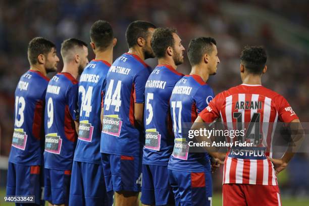 Jets players line up for a free kick during the round 25 A-League match between the Newcastle Jets and Melbourne City at McDonald Jones Stadium on...