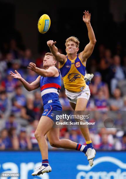 Brad Sheppard of the Eagles and Jackson Macrae of the Bulldogs compete for the ball during the round two AFL match between the Western Bulldogs and...