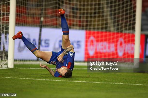 Roy O'Donovan of the Jets rolls over in the goal mouth during the round 25 A-League match between the Newcastle Jets and Melbourne City at McDonald...