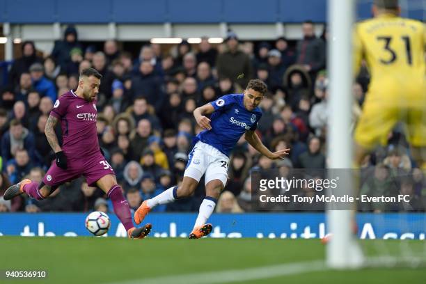 Dominic Calvert-Lewin of Everton crosses the ball during the Premier League match between Everton and Manchester City at Goodison Park on March 31,...