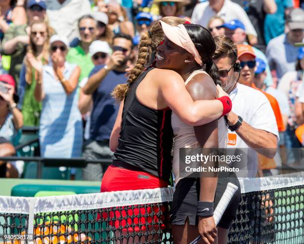 Sloan Stephens, from the USA and Jelena Ostapenko, from Latvia, hug each other after the final match at the Miami Open. Stephens defeated Ostapenko...