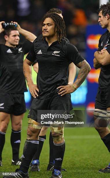 Rodney So'oialo of New Zealand looks on after the All Blacks loss during the MasterCard trophy match between Barbarians and New Zealand at Twickenham...