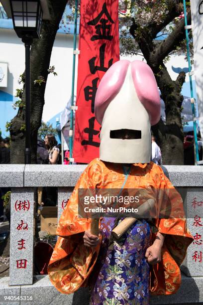 Man wearing a pennis shape mask pose for a photo during the annual Kanamara Festival at Kanayama Shrine in Kawasaki on April 1 Kawasaki, Japan. The...