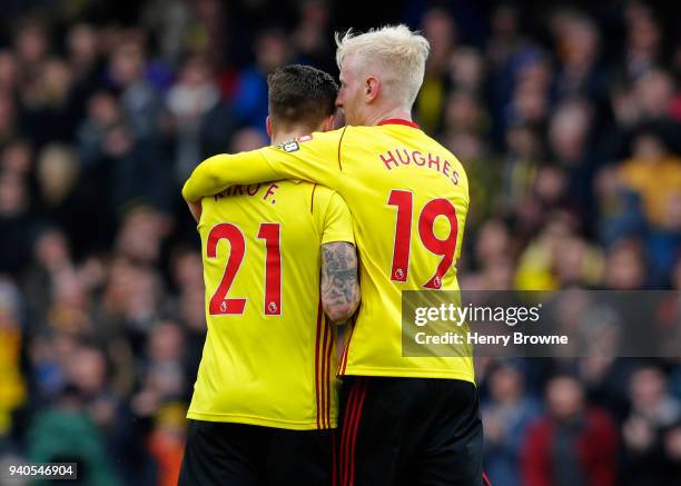 Kiko Femenia of Watford celebrates with Will Hughes after scoring their first goal during the Premier League match between Watford and AFC...