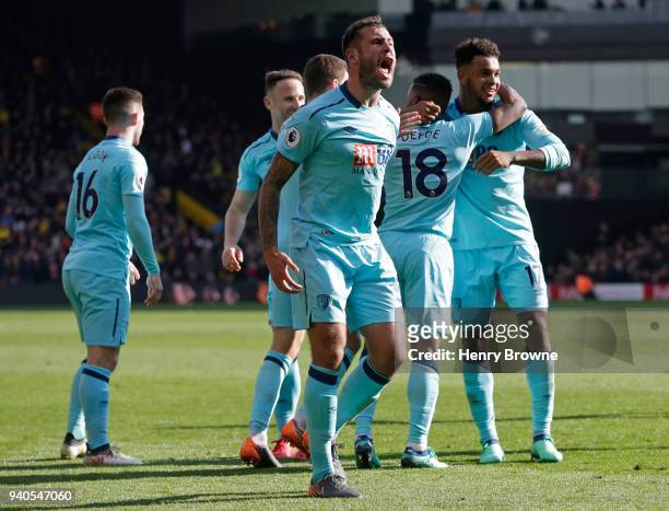 Steve Cook of AFC Bournemouth celebrates a goal during the Premier League match between Watford and AFC Bournemouth at Vicarage Road on March 31,...