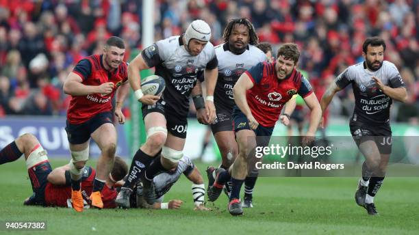 Dave Attwood of Toulon charges upfield during the European Rugby Champions Cup match between Munster Rugby and RC Toulon at Thomond Park on March 31,...