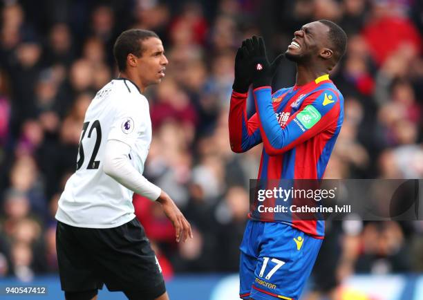 Christian Benteke of Crystal Palace reacts during the Premier League match between Crystal Palace and Liverpool at Selhurst Park on March 31, 2018 in...